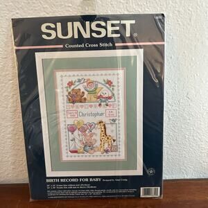 New 1998 Sunset Counted Cross Stitch Kit Birth Record for Baby #13650